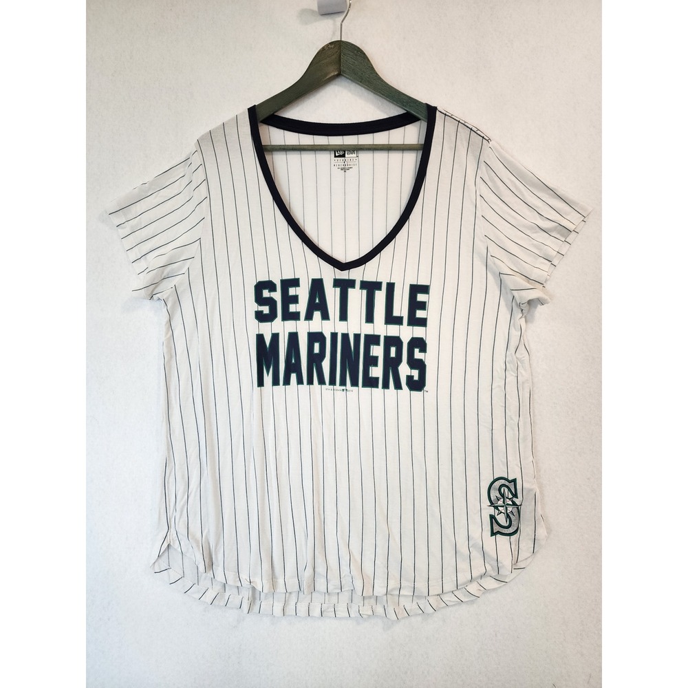 New Era Seattle Mariners Womens 2XL Pinstripe V-Neck Graphic T-Shirt White Navy